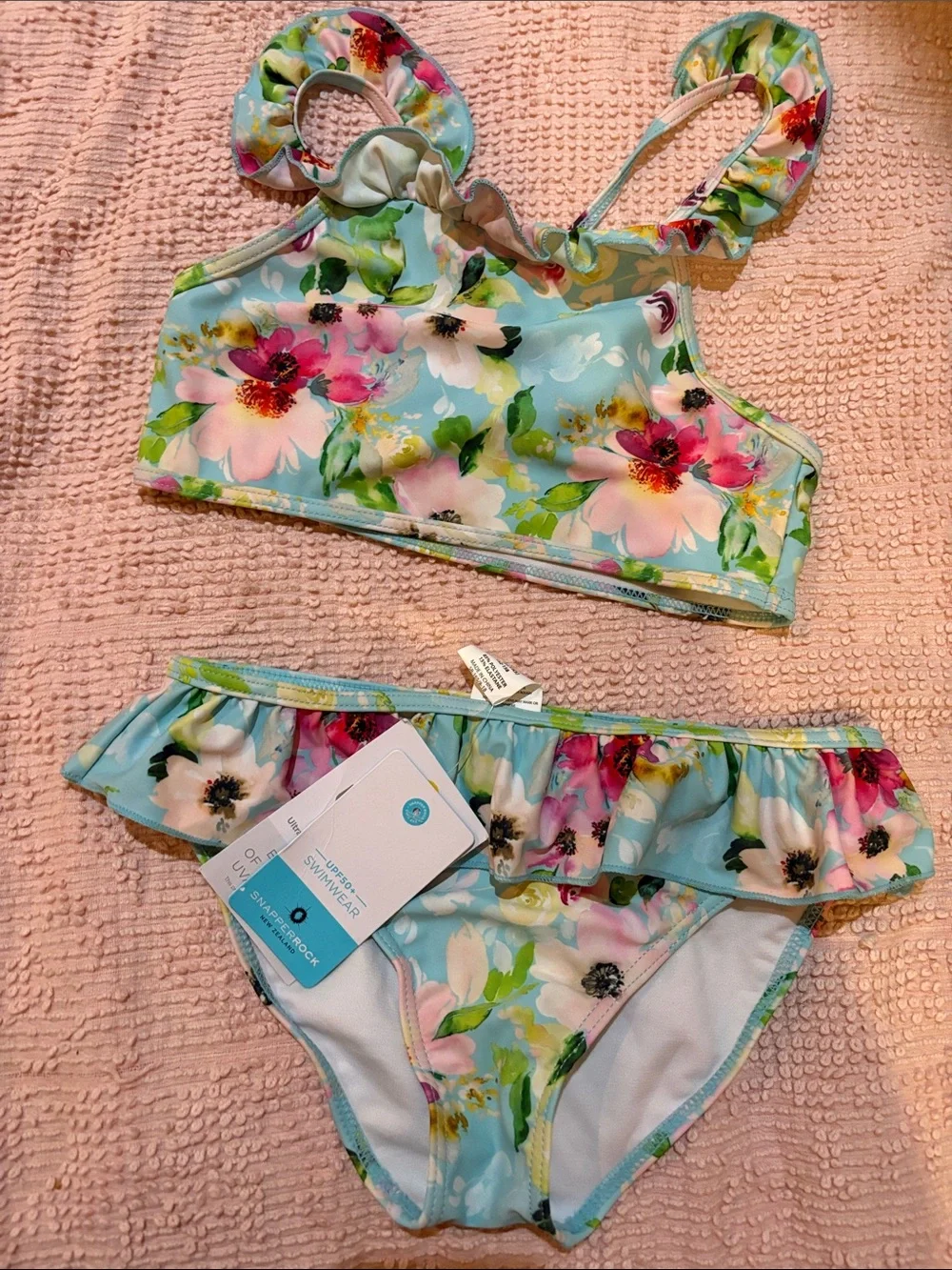 Snapper Rock Aqua Floral Ruffle Bikini - Pink & Green Accents